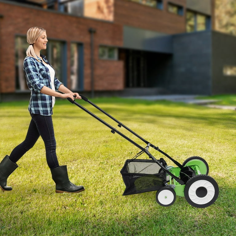 Aiqidi 16inch Push Cordless Lawn Mower 5-Blade Adjustable Manual Reel Lawn  Mower w/Grass Catcher(Green)