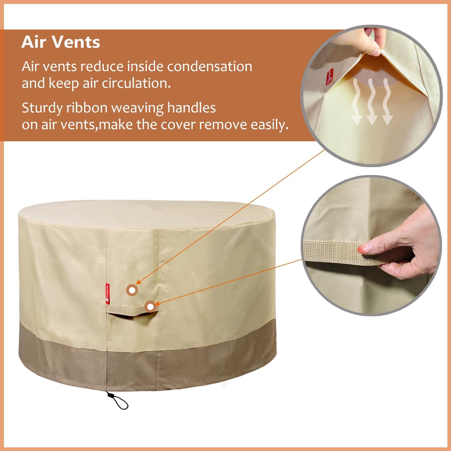 Fire Pit Cover Round 44" D x 24" H Waterproof 600D Heavy Duty Patio Gas Fire Pit Cover,Large Shelter Fits 40-44 Inch Outdoor Firepit Table Beige