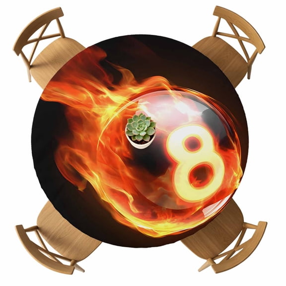Round Fitted Tablecloth with Elastic Flame Billiards Tablecloths Waterproof Oil Proof Sports Black Table Cover for Kitchen Dinner Holiday Party Picnic Fits Tables up to 36"- 44" Diameter