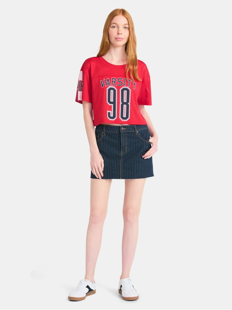 No Boundaries Mesh Cropped Varsity Tee, Women's - Walmart.com