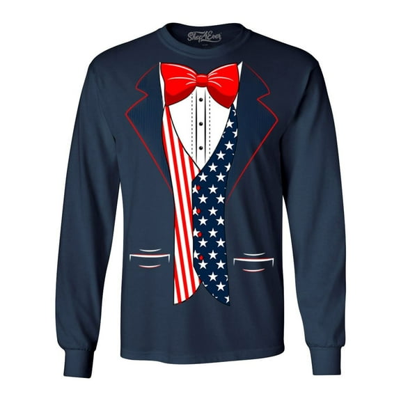 Shop4Ever Men's 4th of July USA Tuxedo American Flag Costume Long Sleeve Shirt XX-Large Navy