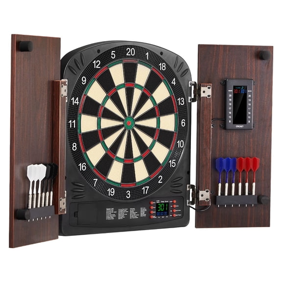 Dartboard Cabinet Set with Electronic Scoreboard, Ready-to-Play Cricket Dartboard Set, Hideaway Storage Cabinet, Easy Assembly, Includes All Darts&Accessories