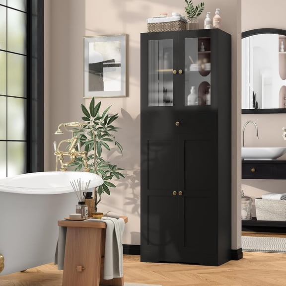 Space-Saving 67 Inch Bathroom Linen Cabinet,Freestanding Tall Storage Tower with Adjustable Shelves & Glass Doors for Bathroom, Kitchen, Hallway Organization (Black)