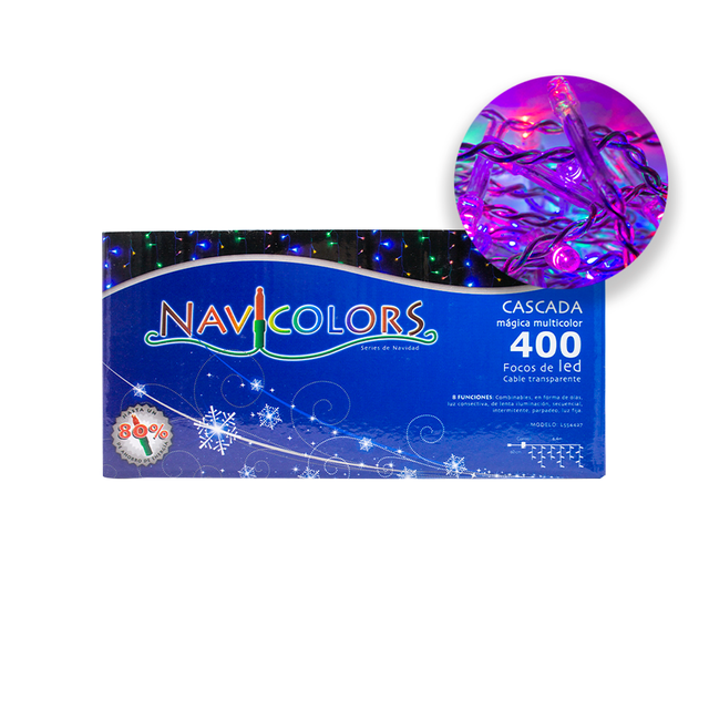 Cascada Navideña Luz LED Multicolor Navicolors 6 Pz 400 Focos 8 Funciones Cable Transparente 7 m