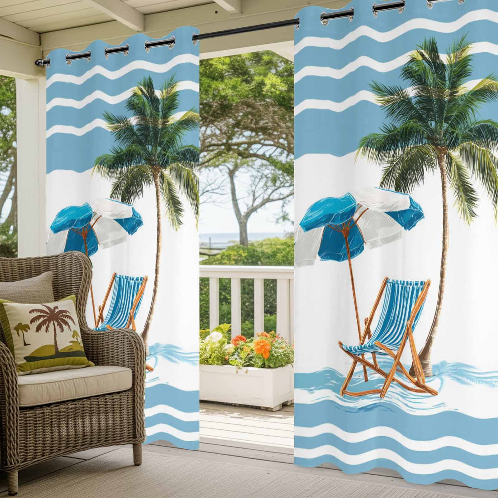 Summer Outdoor Curtains for Patio, Beach Scene Sun Umbrella Palm Trees Blue Stripes Modern Sunshade Privacy Drapes Grommet Waterproof Outside Curtains for Porch/Cabana/Balcony 54"x 108", 1 Panel