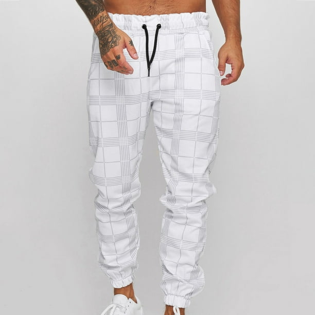 Long Pants For Men Men s Square Plaid Printing Striped Fitness Casual Pants White XXXL JE