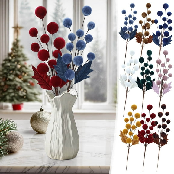 DAMAI 22 Inch Christmas Tree Picks Velvet Christmas Ornaments, Spheres Ball Pick Velvet Xmas Tree Branches, Artificial Xmas Tree Branches and Stems Tree Filler DIY Crafts for Vase Decor