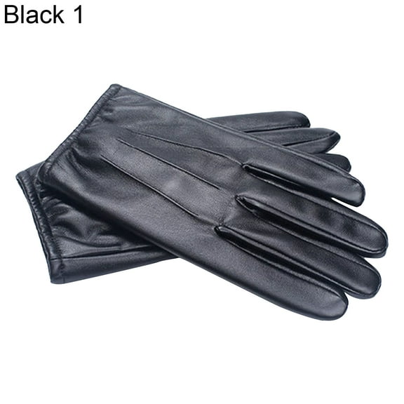 comerut 1 Pair Men Gloves Faux Leather Plush Full Fingers Touch Screen Winter Mittens for Outdoor