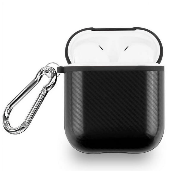 Airpods Case, AirPods Accessories Shockproof Durable Case Charging Cover Portable & Protective Silicone Skin Rubber Gummy Cover Carbon Fiber Black Case with Keychain for Apple Airpods 2 & 1