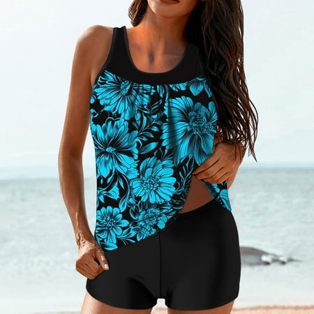 Maqroz Women s Tankini Suits 2025 Tummy Control Swimsuit Two Piece Graphic Bathing Suit Tank Top with High Waisted Boyshorts Modest Swimwear for Women Plus Size Swimsuit Cover Up On Clearance