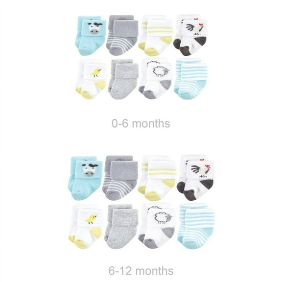 Hudson Baby Unisex Baby Grow with Me Cotton Terry Socks, Farm 8-Pack, 0-6 and 6-12 Months