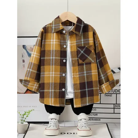 

GEDER-F Boys And Girls Plaid Shirt Button Down Lapel Long Sleeve Kids Clothes