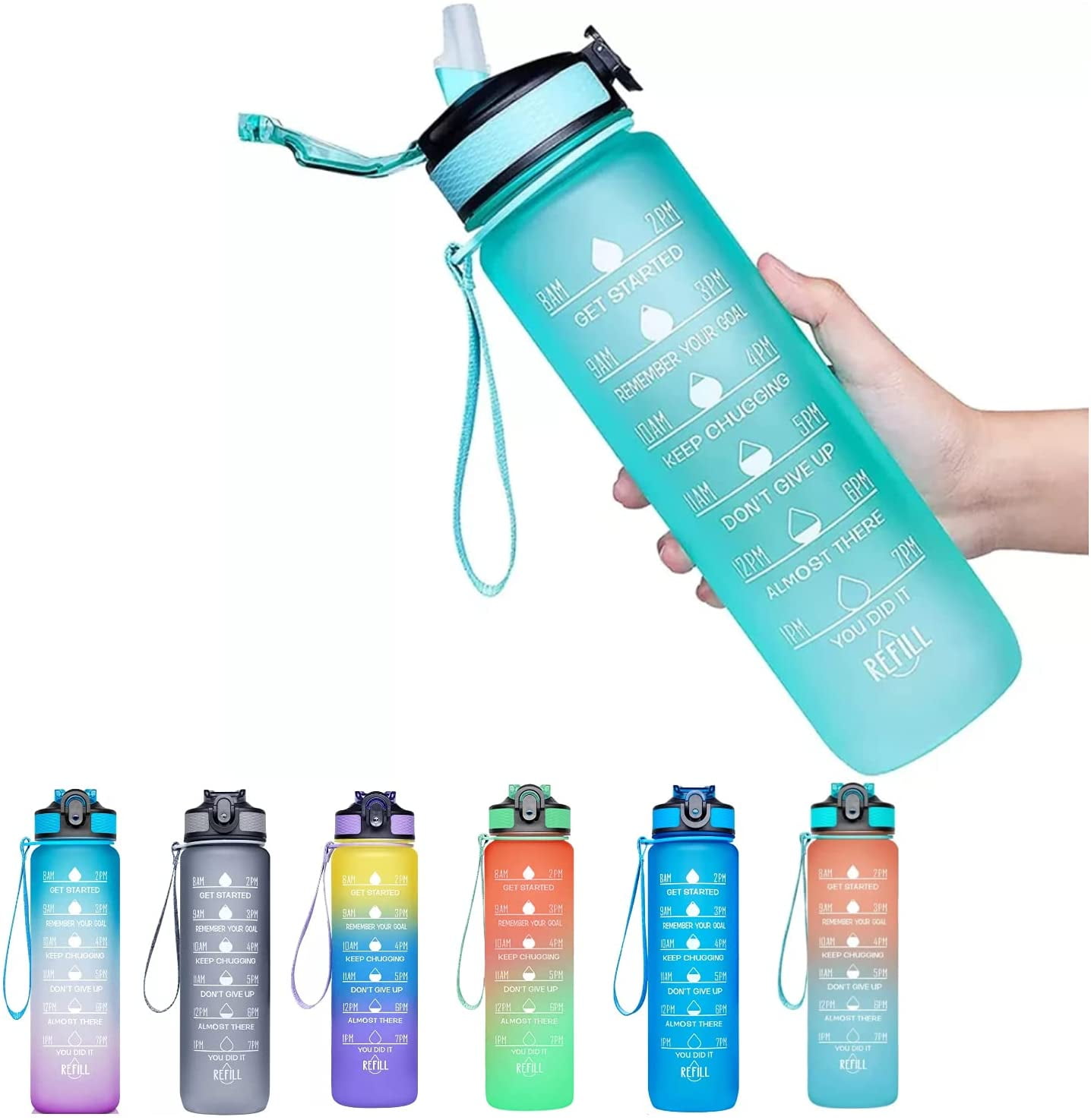 32 oz Glass Water Bottle with Time Marker Reminder and Silicone 