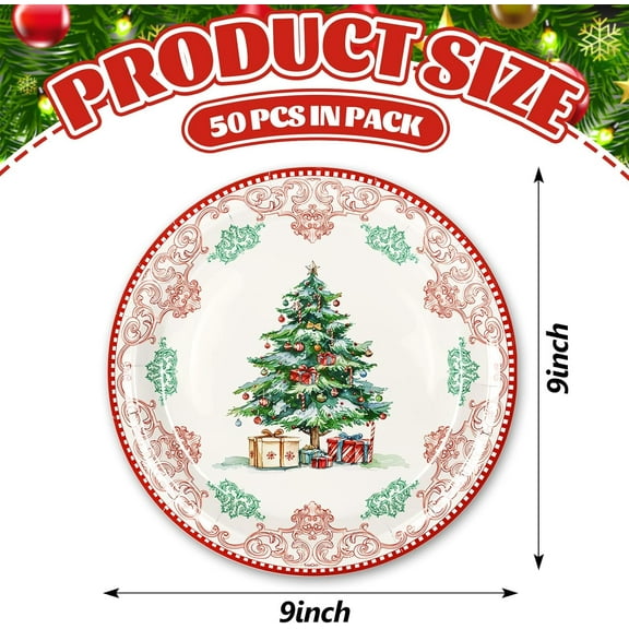 YUYAN-50Pcs Christmas Paper Plates Disposable Plate 9 Inch Vintage Red Green Christmas Tree Round Dinner Plate for Xmas Winter Holiday Party Table Decor
