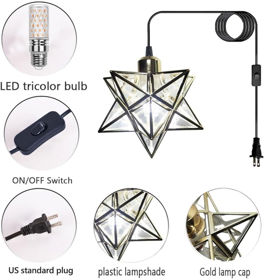 Gold Moravian Star Hanging Light with 16.5ft Plug-in Cord,Farmhouse Star Pendant Light Fixture with Switch,Indoor Decorative Ceiling Light for Bedroom Kitchen Island Porch Etc(LED Bulb Include)