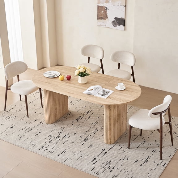 70.9" Large Dining Table Set for 4, 5-Piece Set with Natural Wood Grain Table & Chenille Fabric Upholstered Chairs Metal Legs, Ideal for Apartments & Kitchens