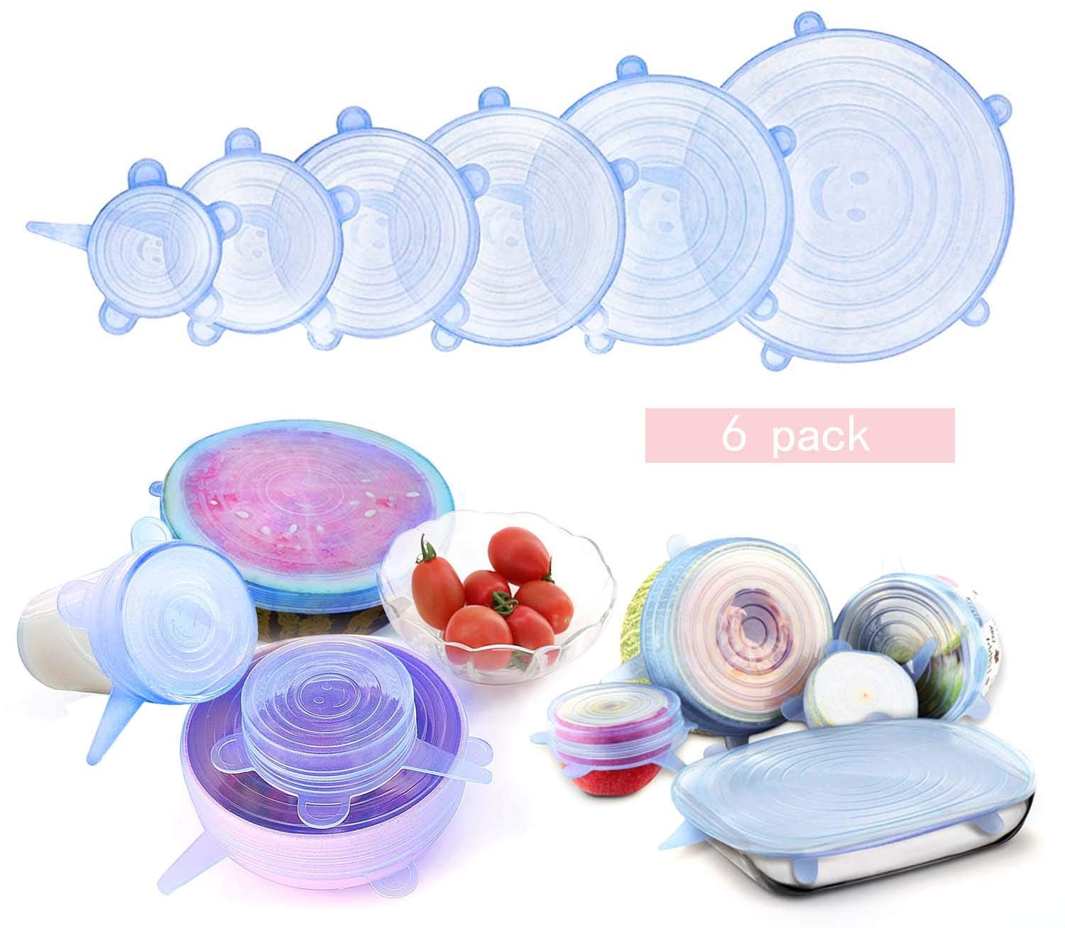 NEW Silicone Stretch Lid 6 PCS Reusable Wrap Covers Keep Food Fresh Blue