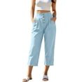 thumbnail image 2 of Costeam Womens Multi Button Pleated Front Linen Capri Pants Dual Side Slip Pockets Non Elastic High Waist Lightweight Wrinkle Resistant Loose Mid Calf Casual Cropped Trousers, 2 of 7