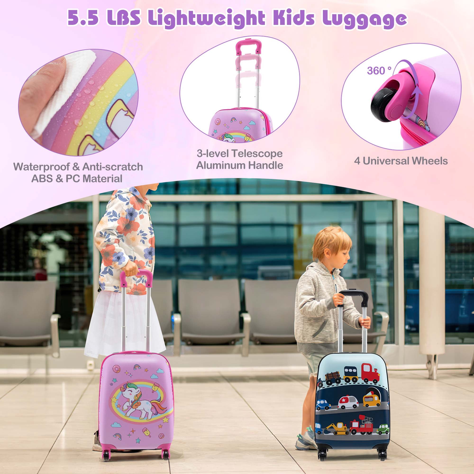 Costway 5 PCS Kids Luggage Set with Backpack Neck Pillow Luggage Tag Lunch Bag Wheels Pink