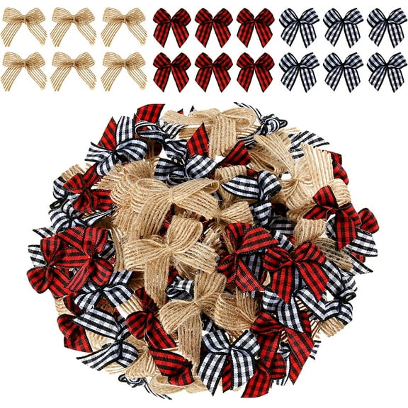60 PCS Christmas Mini Plaid Bows Burlap Bows Christmas Buffalo Plaid Bows Gingham Ribbon Bows Ornament for Christmas Tree Crafts Home Decoration DIY Making