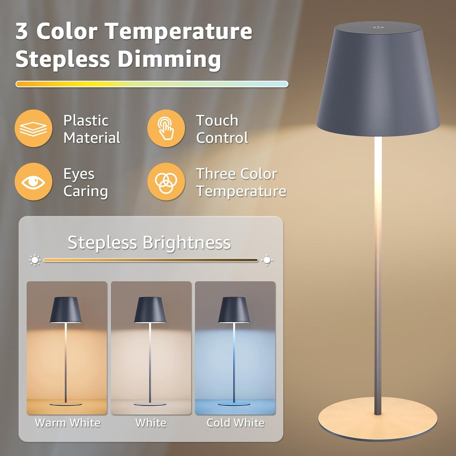Postlucky 2 Pack 15" Cordless Table Lamp with LED, Touch Control, Dimmer, Plastic Shade, Metal Base, Matte Gray