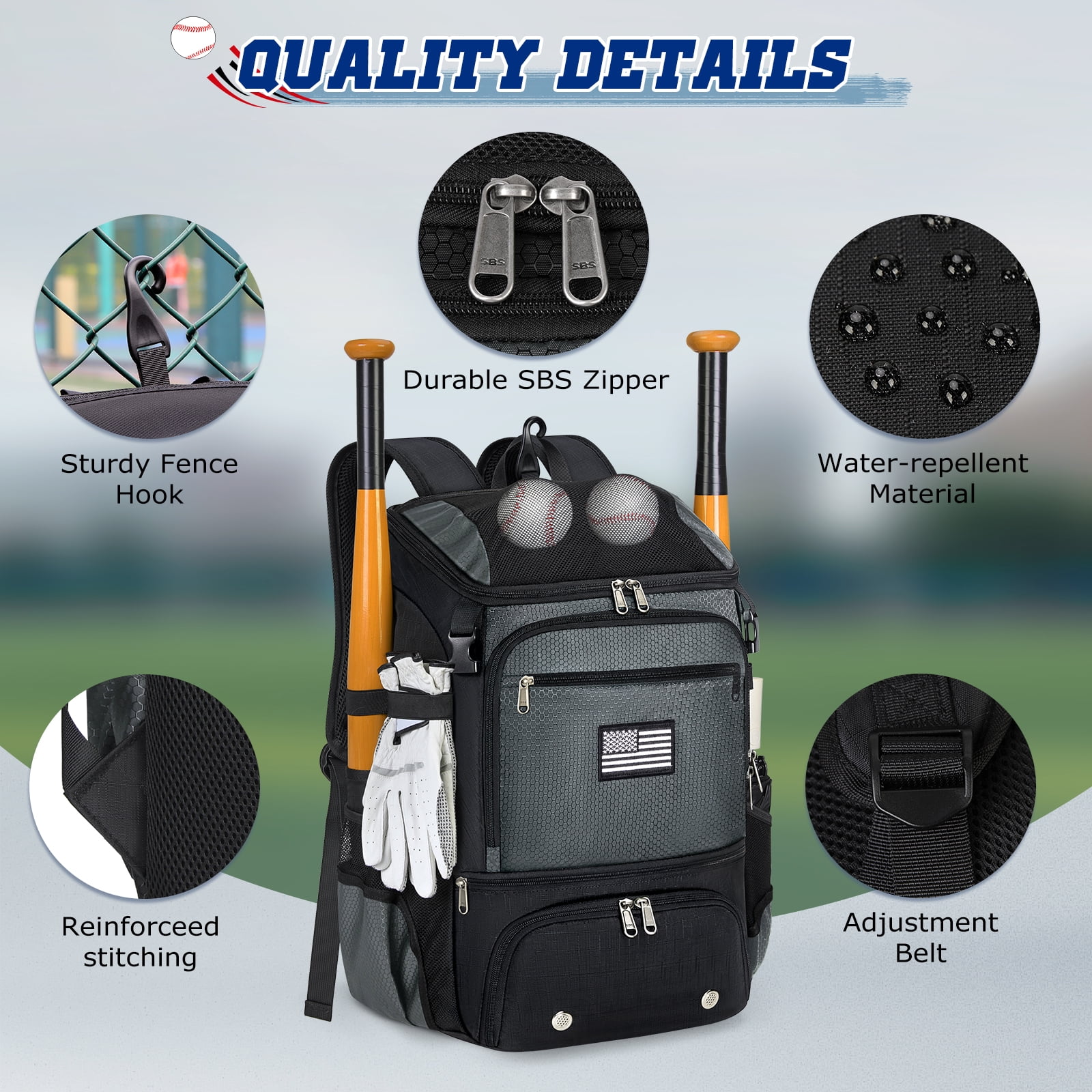 RAINSMORE Baseball Backpack, Lightweight Softball Bat Bag with Shoe Compartment, Fence Hook & Helmet Holder, Sports Gear Backpack for Youth Adult T-Ball Softball,Gray