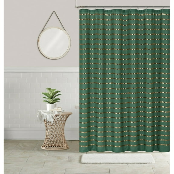 Sequin Shower Curtain Shining Stripe Holiday Bathroom Decor Coco 70x70 Hunter Green/ Gold