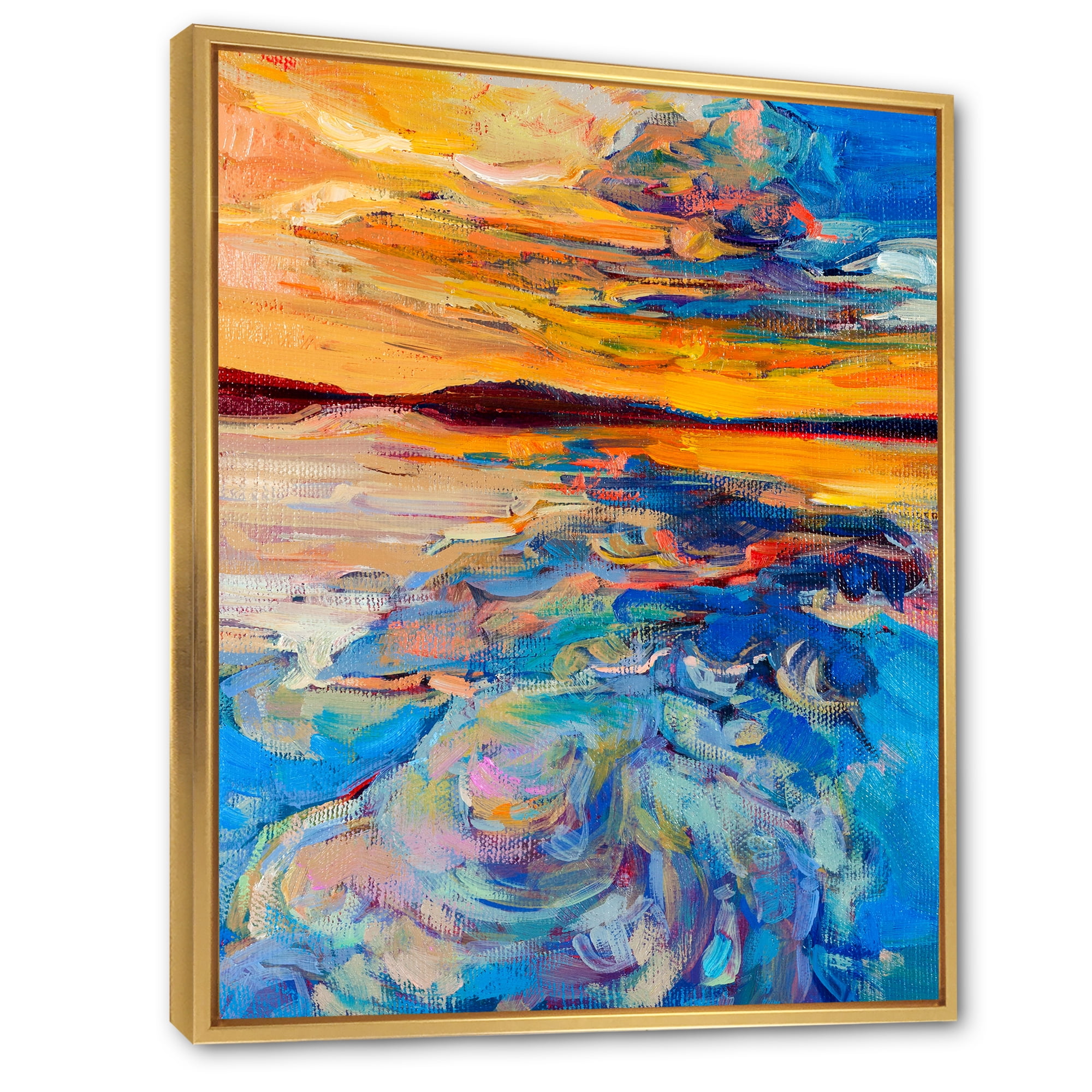 Designart 'Whirly Blue Waves Under Orange Sunset' Nautical & Coastal Framed Canvas Wall Art Print