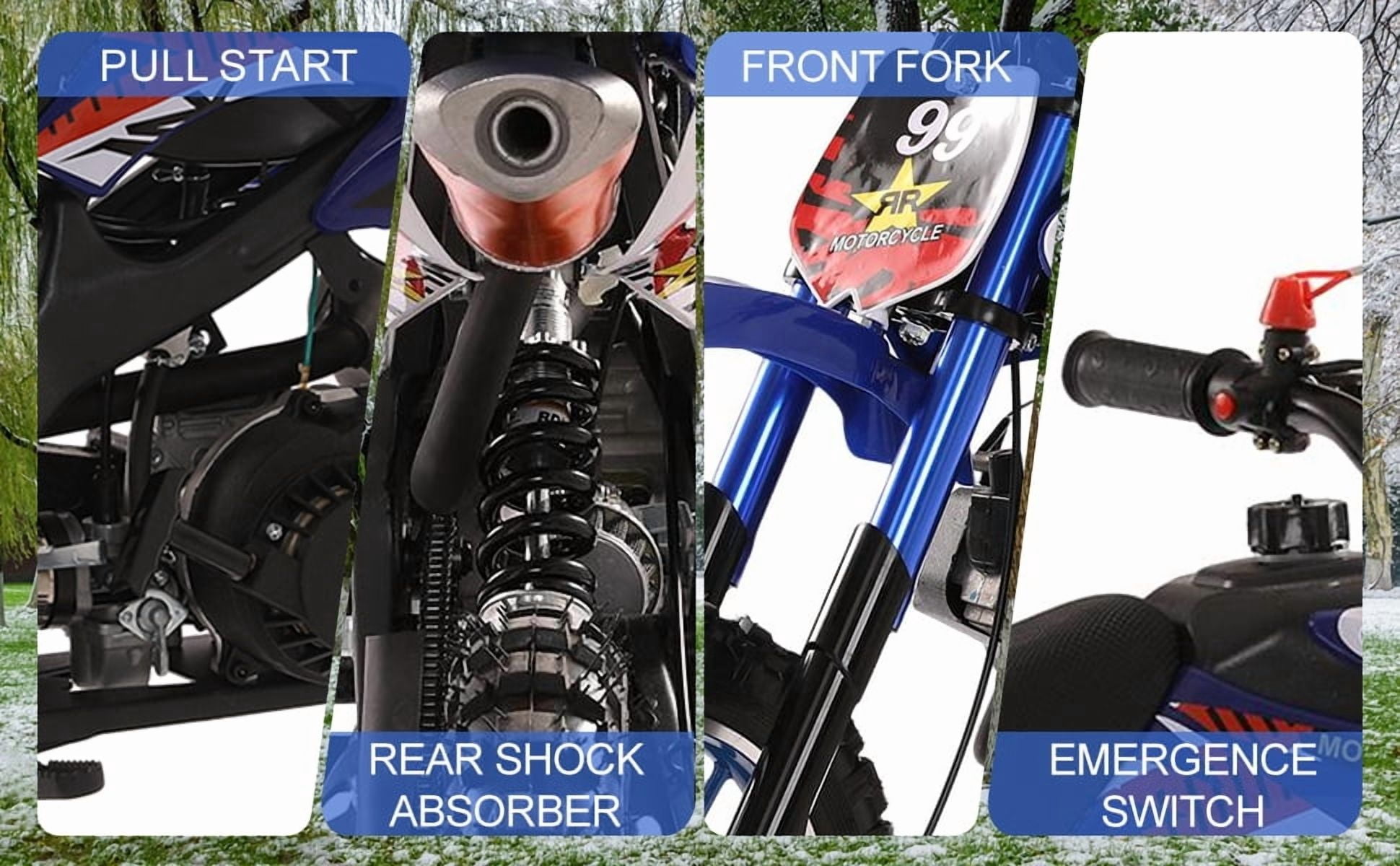 Korogimeeet Gas Powered Blue Mini Dirt Bike 49cc 2-Stroke, Hand-Pull Start, Inverted Hydraulic Suspension, 10 Inch Tires, 40KM/H Max Speed, 30 Min Range, 150kg, 47 x 30 Inch