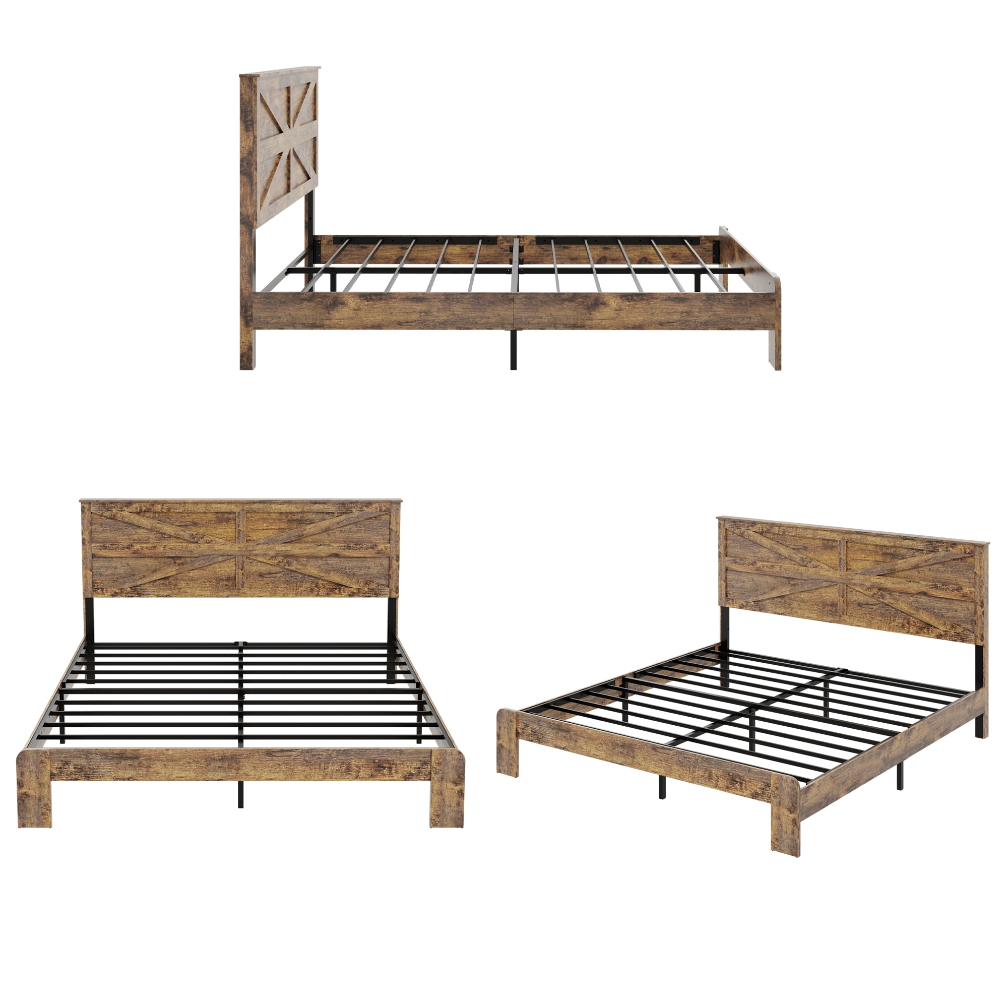 King Size Farmhouse Wooden Bed Frame with Headboard, Boho Platform Bedframe Sturdy Metal Slats Support, No Spring Mattress , Silent Operation, Easy Assembly (King, Brown)