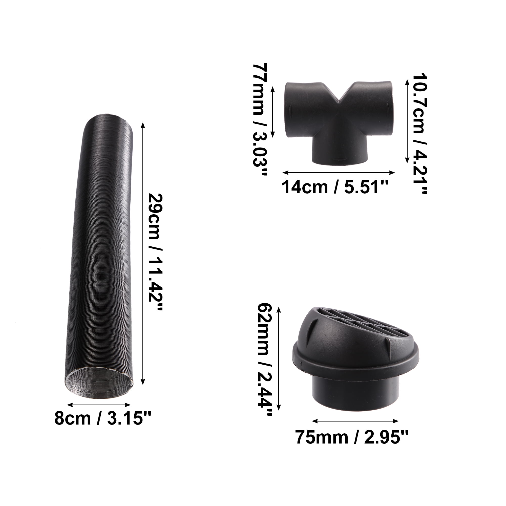 Unique Bargains 1 Set 75mm Auto Car Heater Duct Kit with Outlet Connector Air Vent Outlet Hose Clip Black Fit T Pipe