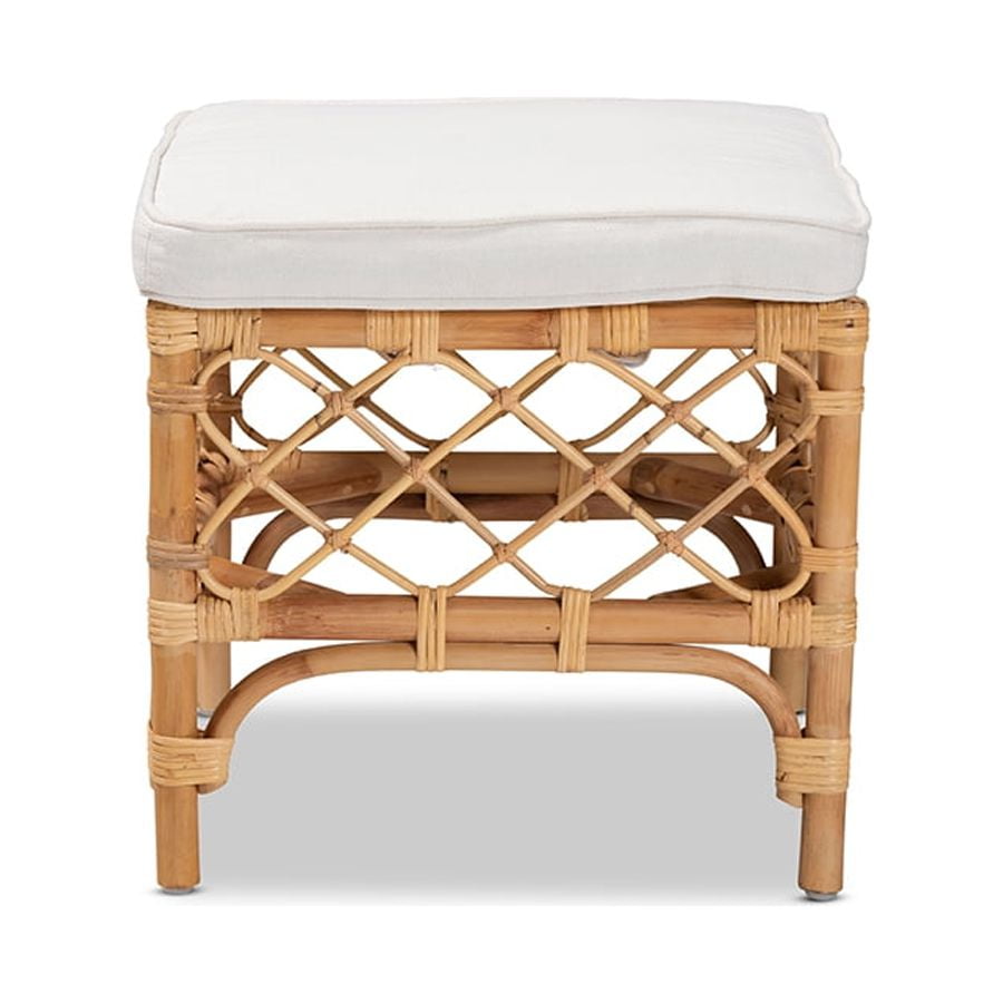 Baxton Studio Orchard Modern Bohemian White Fabric Upholstered and Natural Brown Rattan Ottoman