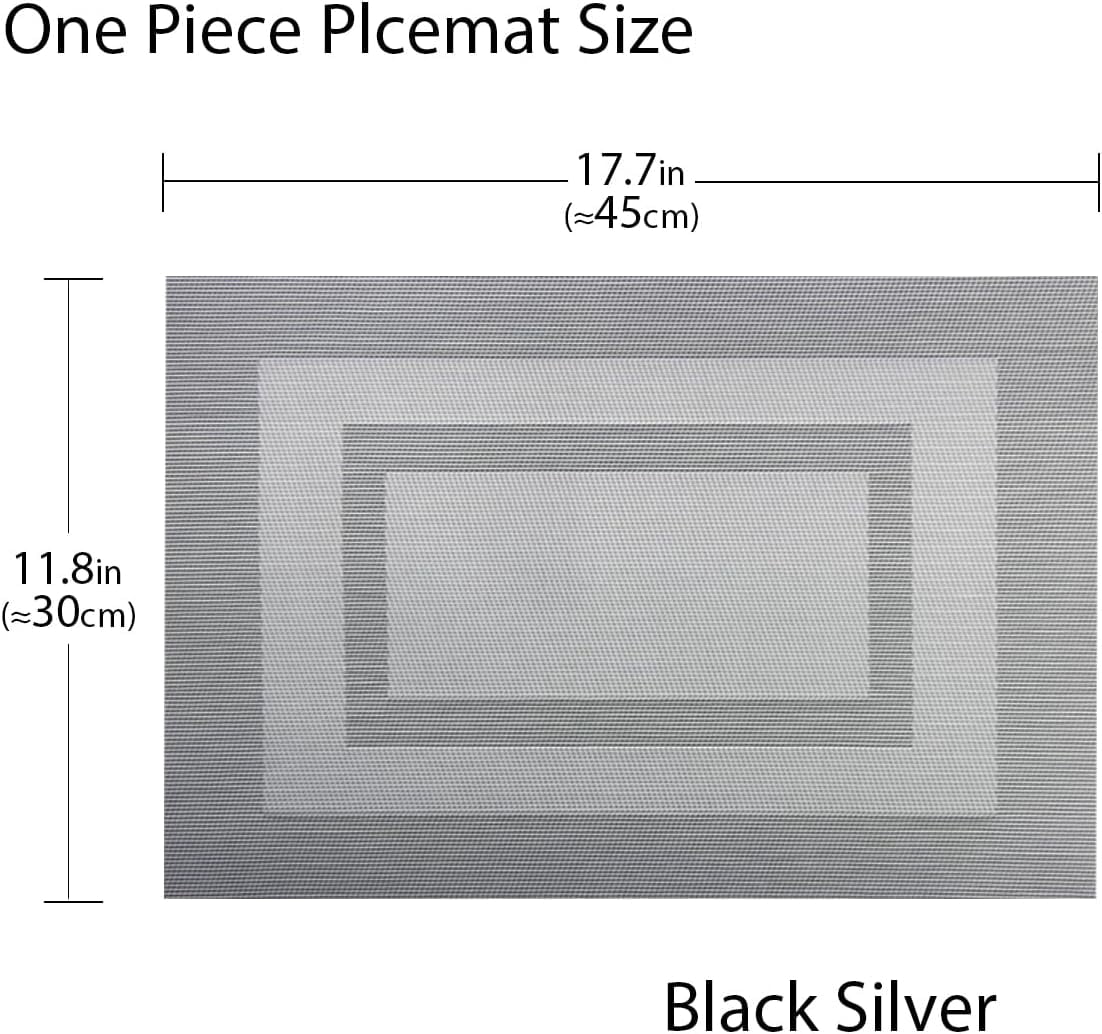 Placemats Set of 6,Washable Woven Place Mats Vinyl Table Mats Non Slip Placemats Heat Resistant Durable Placemats for Dining Table (Silver Black)