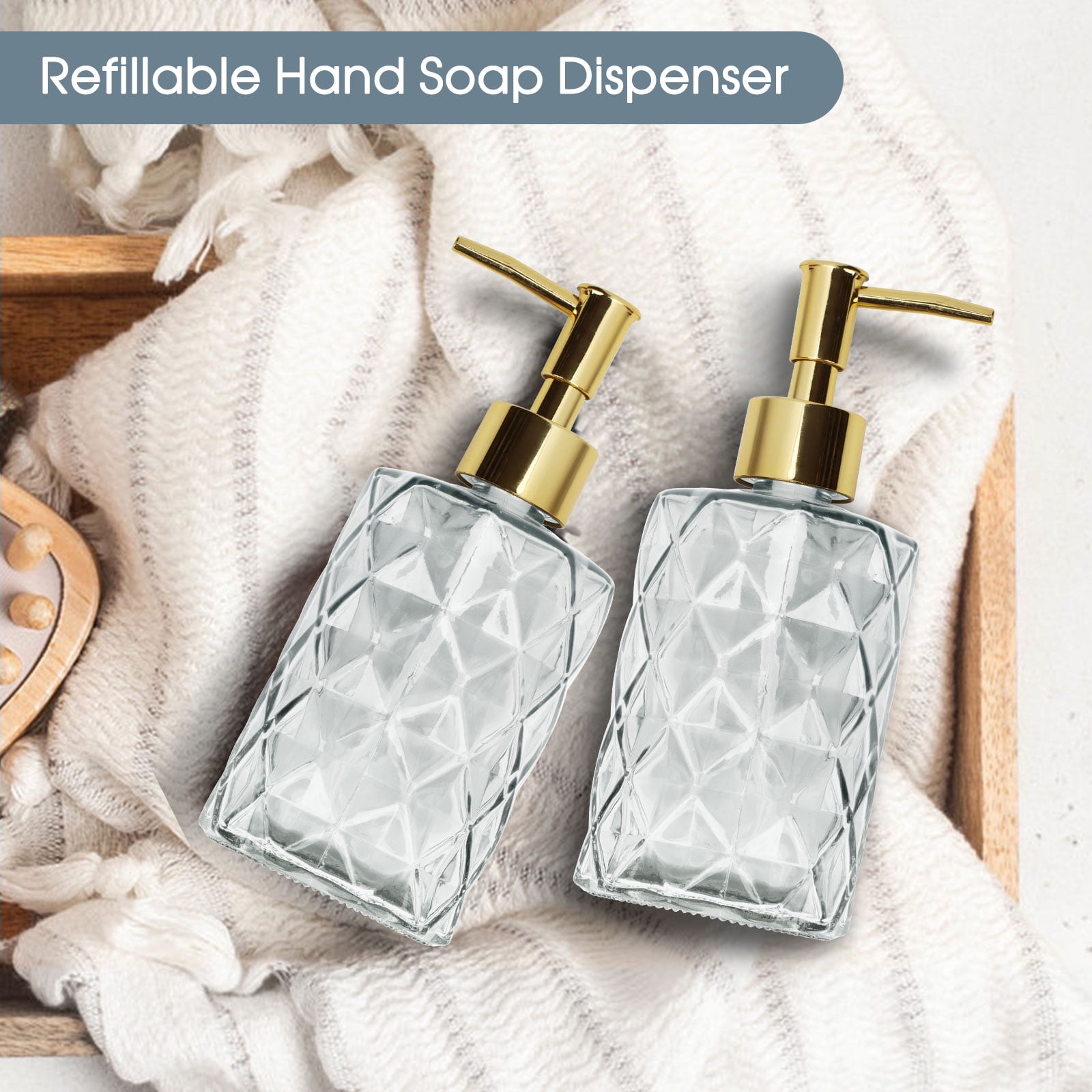 2pcs 330ml Glass Soap Dispenser Set - Transparent & Golden Liquid Hand Soap/Lotion/Shampoo Bottles, Sturdy Pump for Bathroom Kitchen Office Sink