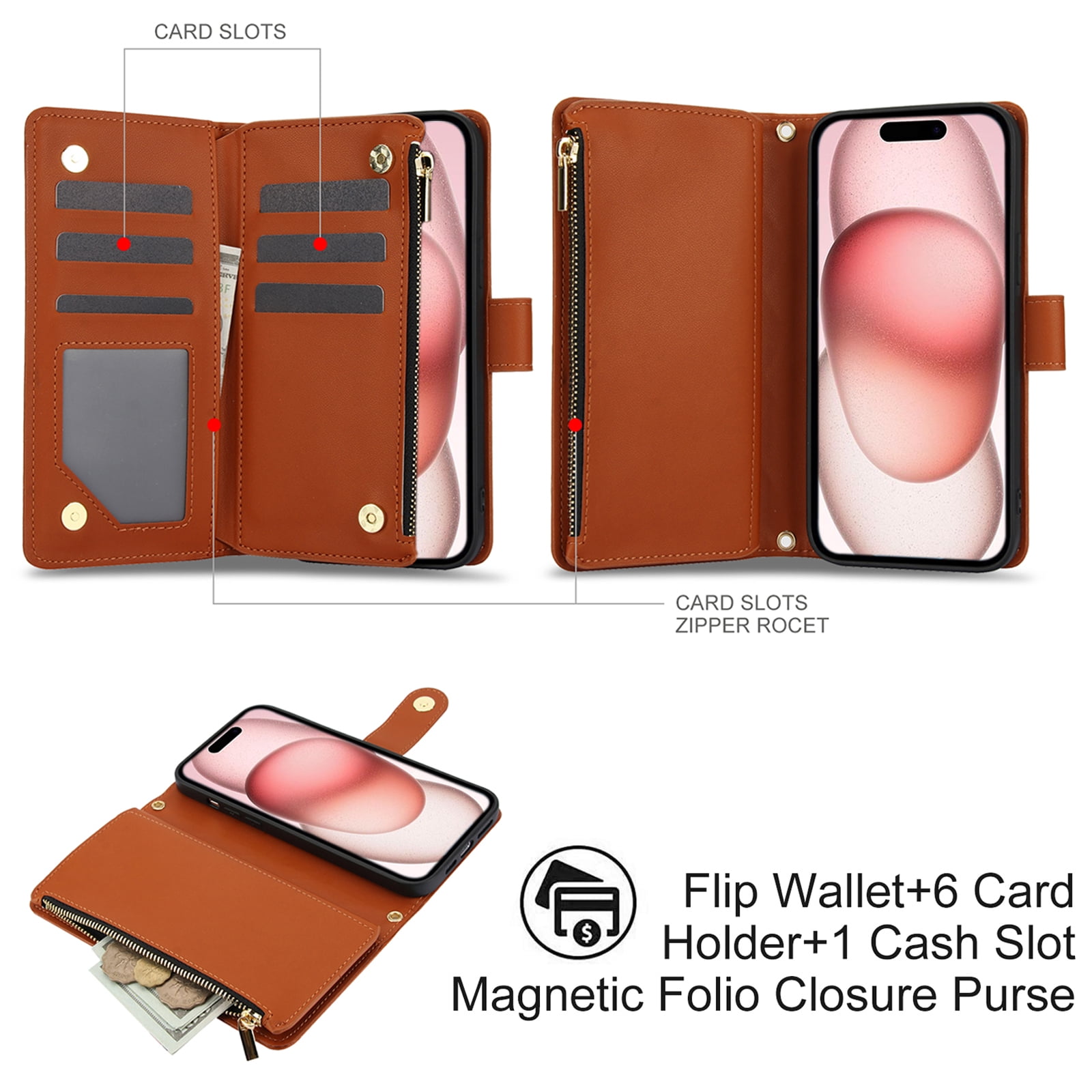 Phone Case for Apple iPhone 14 Plus, Premium iPhone 14 Plus Case with Wallet, Card Holder, Coin Zipper Pocket Shockproof Flip Cover Stand with Wrist Strap & Detachable Shoulder Strap,Brown
