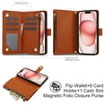 thumbnail image 3 of for iPhone 15 Plus Wallet Case with Zipper Pocket, RFID Blocking Card Slots, PU Leather Magnetic Clasp Kickstand Crossbody & Wrist Strap Rugged Protective Cover for iPhone 15 Plus, Brown, 3 of 11