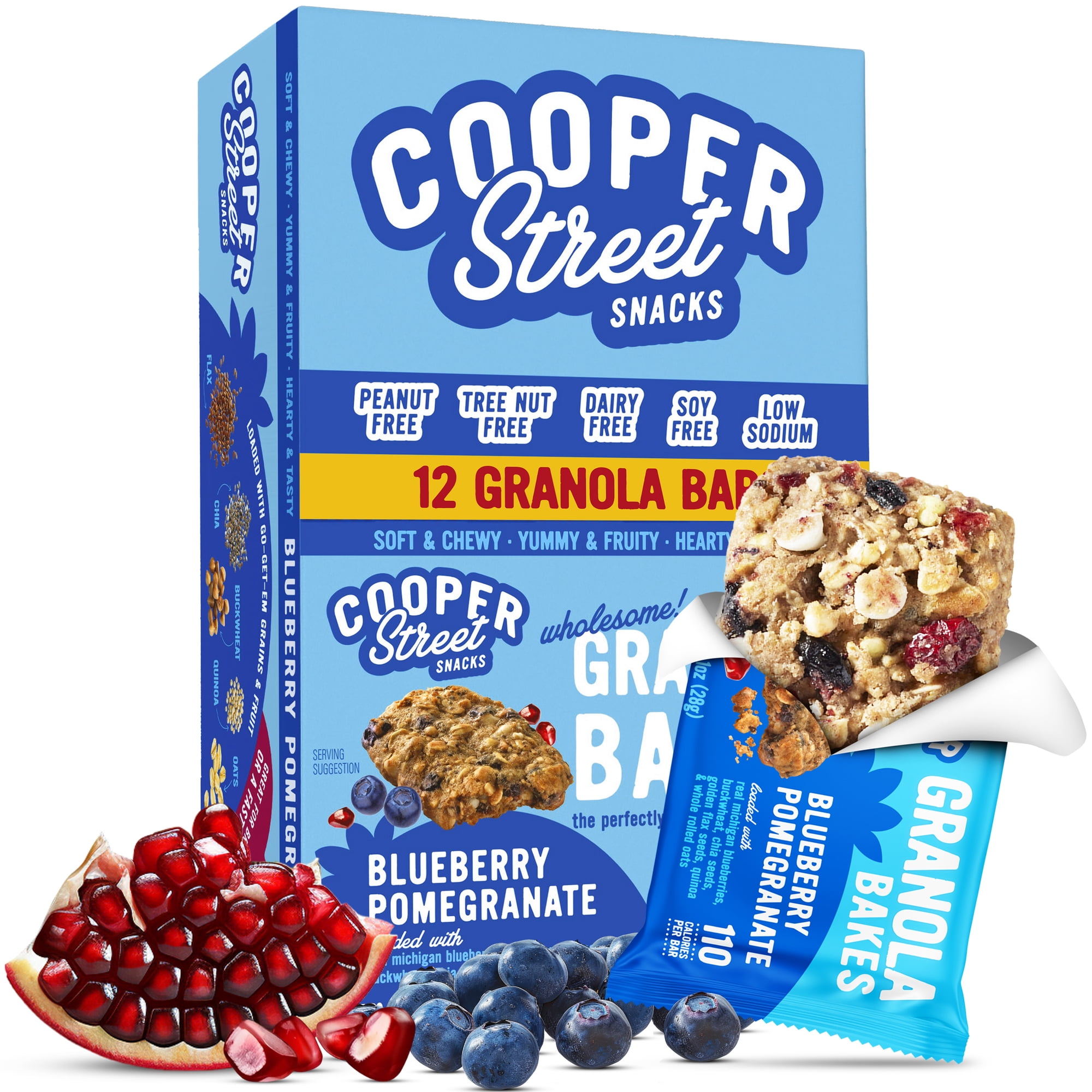 Cooper Street Individually Wrapped Blueberry Pomegranate Breakfast Granola Bars - Nut, Dairy & Soy Free, Low Sodium, Only 110 Cal - 12 Bars
