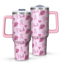 Pink Breast Cancer and Pioneer Flower Tumbler with Handle and Lid,40oz Double Wall Vacuum Insulated Tumbler,Cups Gift for Women and Men