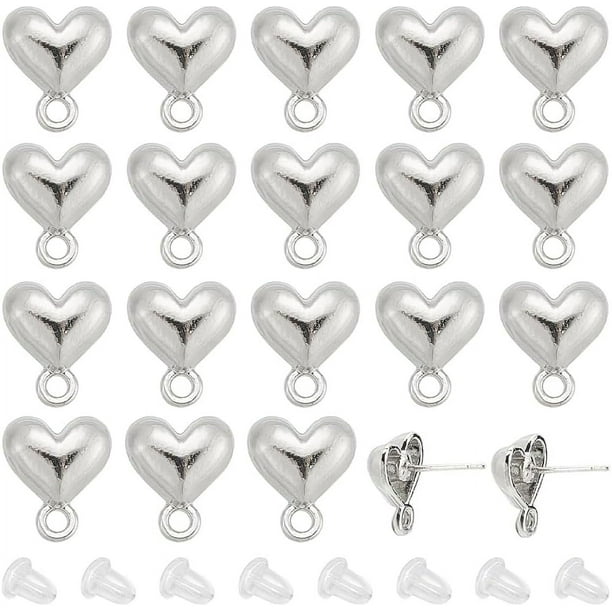 1 caja de 20 pendientes de corazón con 30 tuercas de oreja, pasadores de plata de ley 925, pendientes de amor con agujeros, a granel.