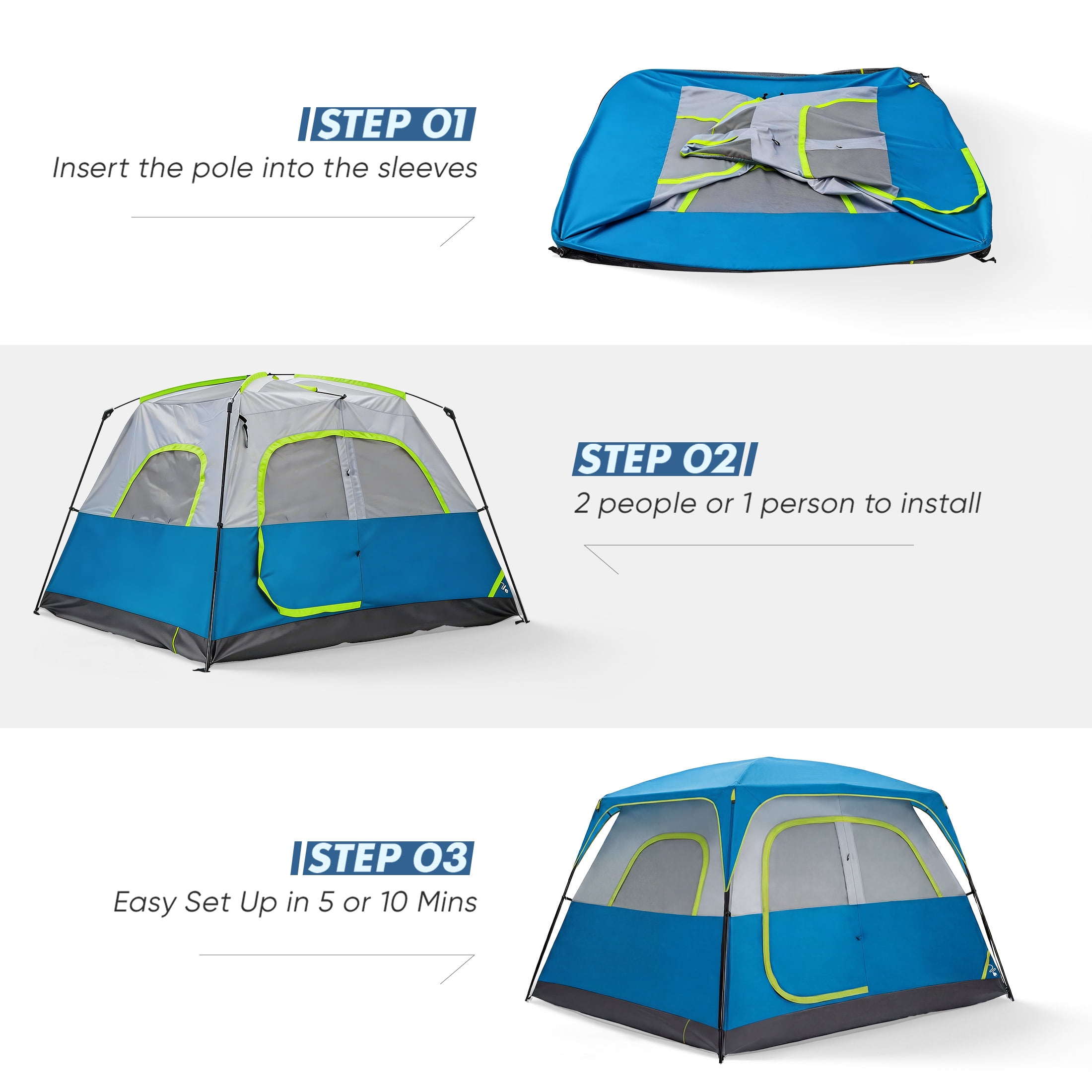 EDX 6 Person Waterproof & Windproof Family Camping Tent with Large Interior, Easy Setup Cabin Tent with Mesh Windows & Skylights, Portable Outdoor Tent for Car Camping, Hiking, Fishing, Blue