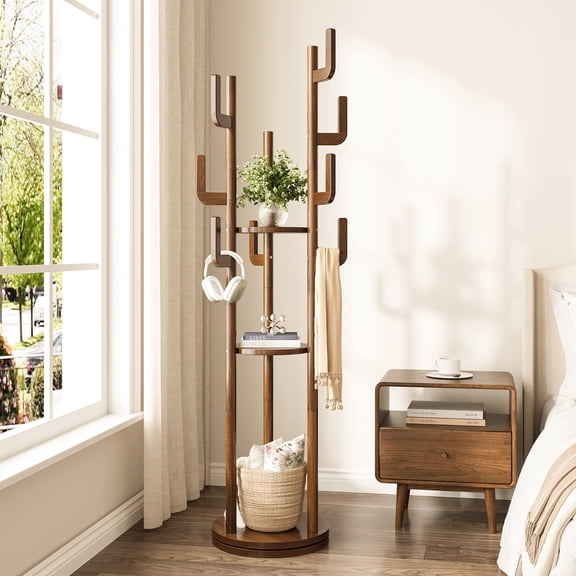 Rotary Coat Rack Freestanding, Solid Wood Coat Tree with 9 Hooks & 3 Open Shelves for Corner, Entryway, Hall Tree for Purse, Bag, Jacket, Hat