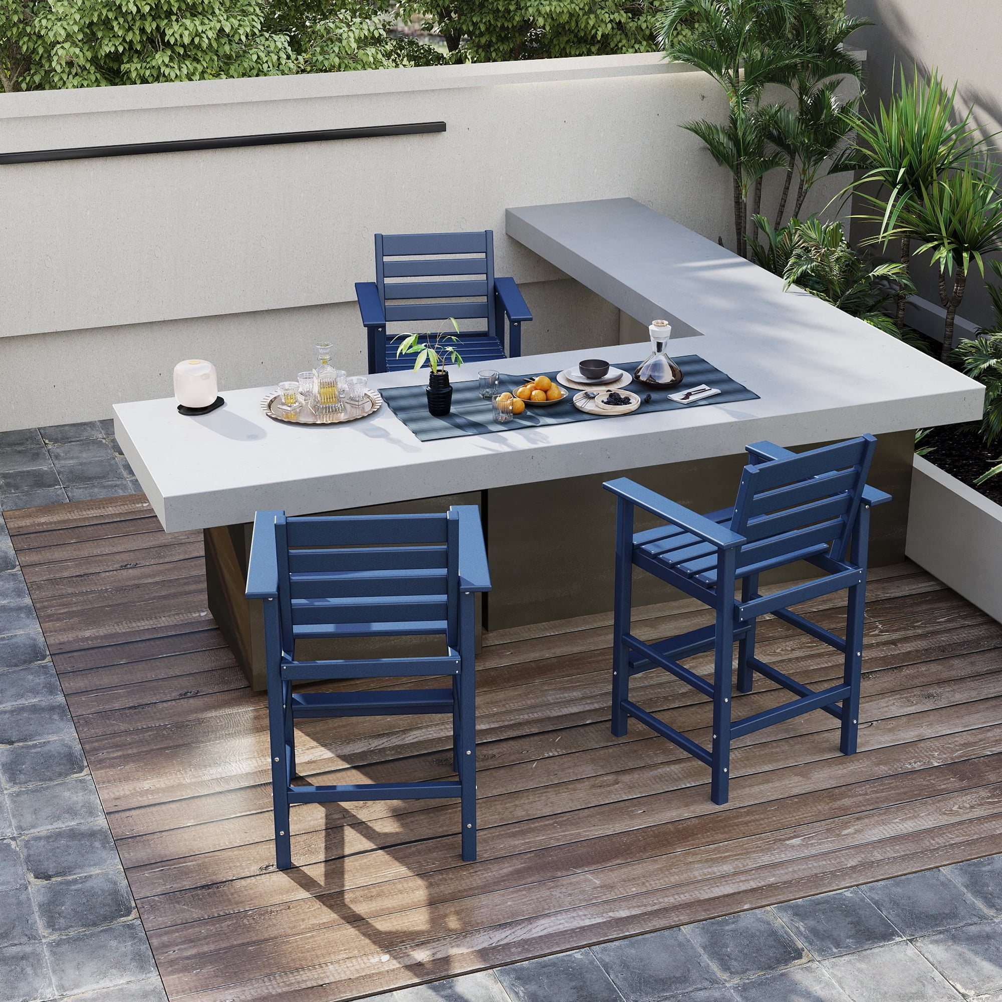 FOOWIN HDPE Plastic Tall Adirondack Chair Set of 2 W/ Outdoor Barstools and Connecting Tray, Blue