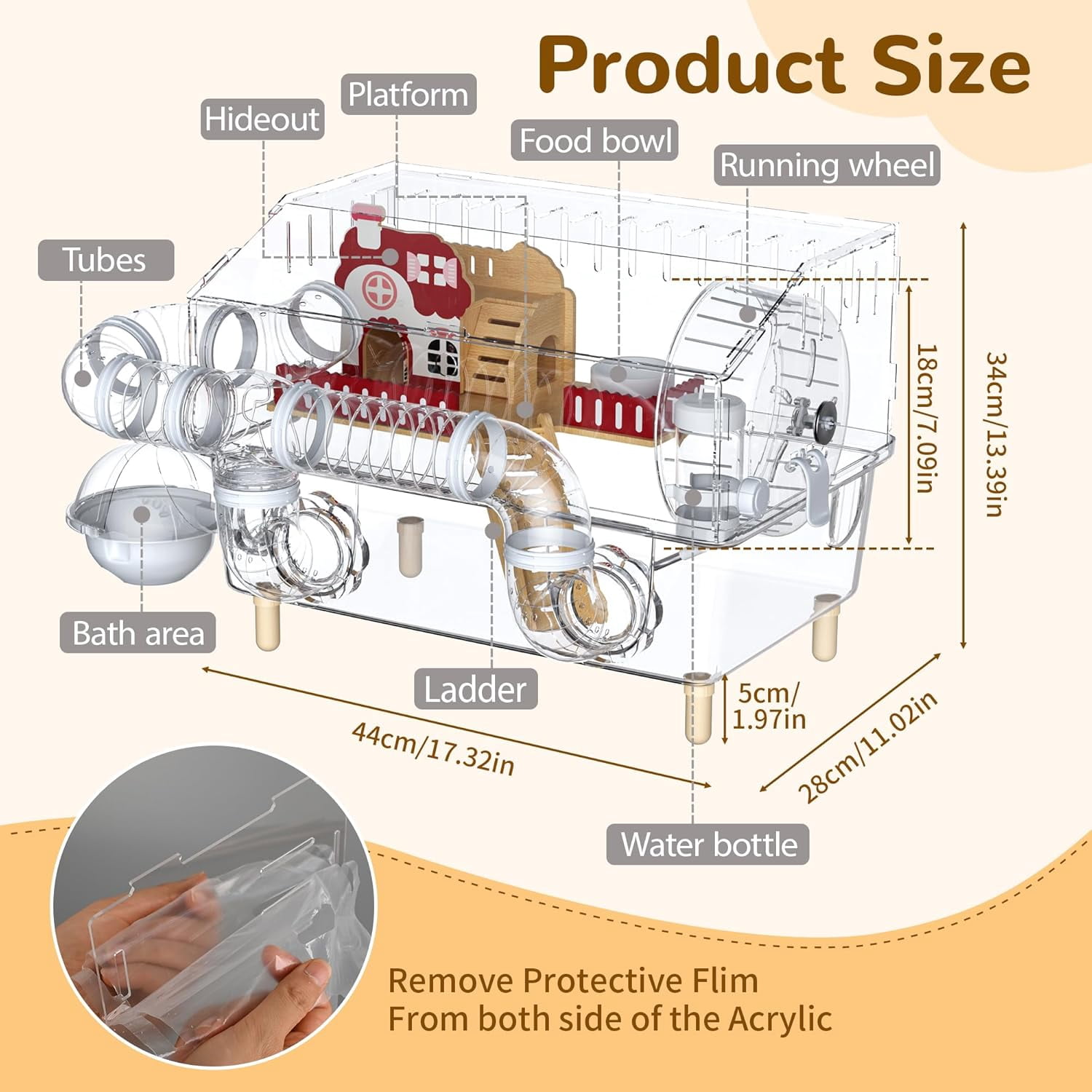 Acrylic Hamster Cage,8 in 1 Gerbil Cage with 360° Panoramic View,Top Open Mouse Cage with Tubes for Pet Mice,Dwarf Hamster,Gerbils (17.7"x13"x11.8")