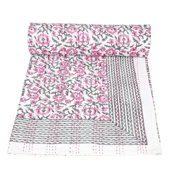 Indian Kantha Quilt Throw 100% Cotton Blanket Bedspread Hand Block Print Single Size Pink Flower Print
