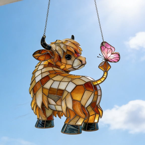 Peacheart 7.87" Highland Cow Butterfly Suncatcher, 2D Flat Acrylic Farm Animal Ornament for Farmhouse Home Window Hanging Decor, Gift for Highland Cow Lovers