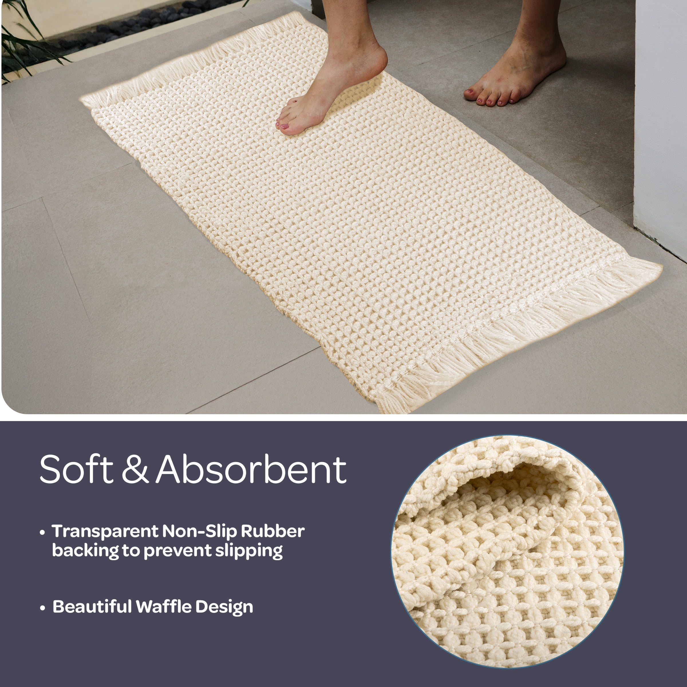 Lavish Home 2PC Waffle Bath Mat Set - Washable Bathroom Rugs (Ivory)