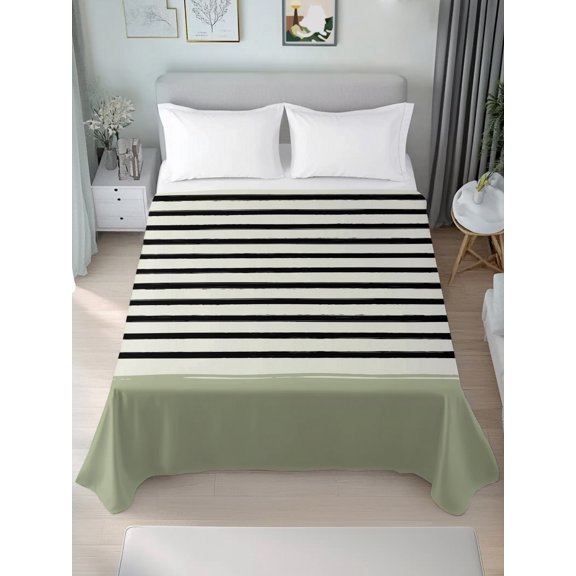 Queen Size Flat Sheet Only,Black Stripe Sage Green Block Soft Top Bed Sheets Breathable Bedding Sheet Minimalist Line Art Microfiber Hotel Luxury Top Sheets