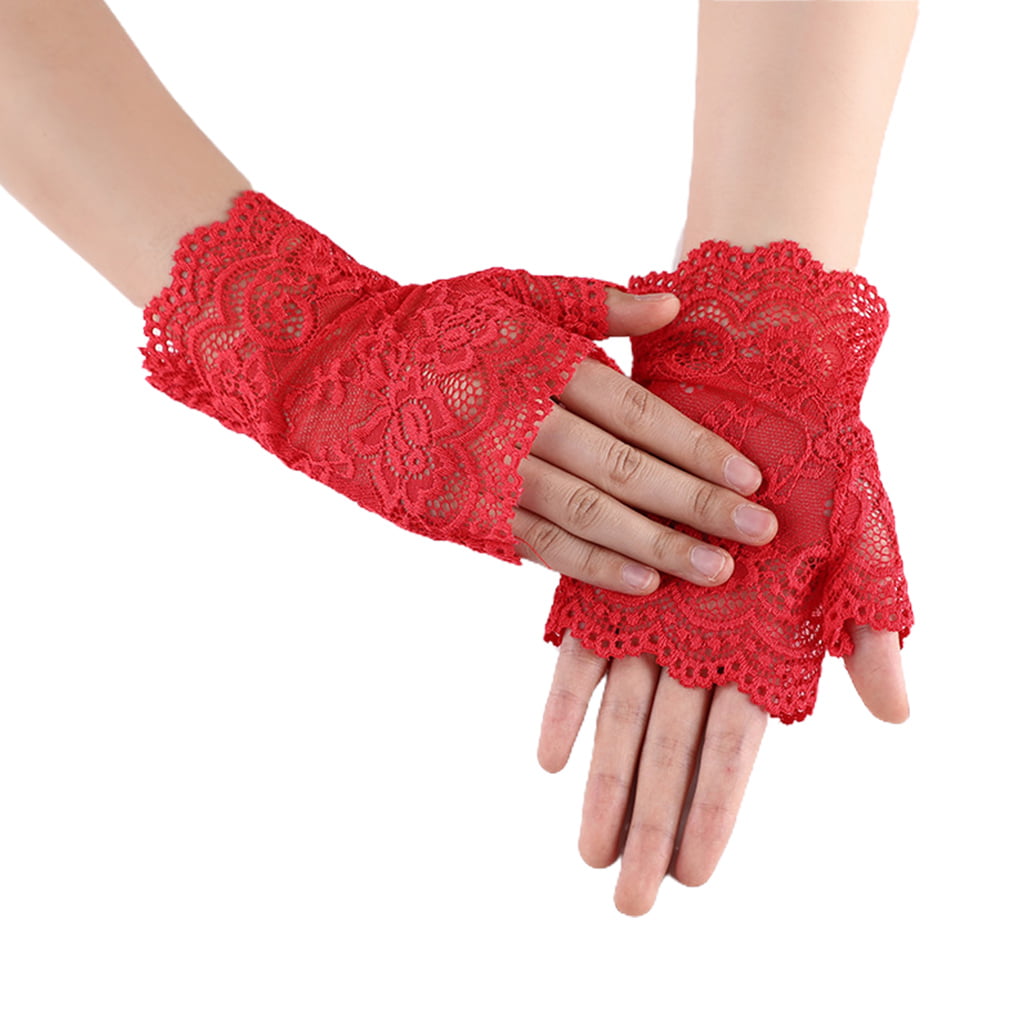 Women Bridal Wrist Length Fingerless Gloves Hollow Out Floral Lace Party Mittens 