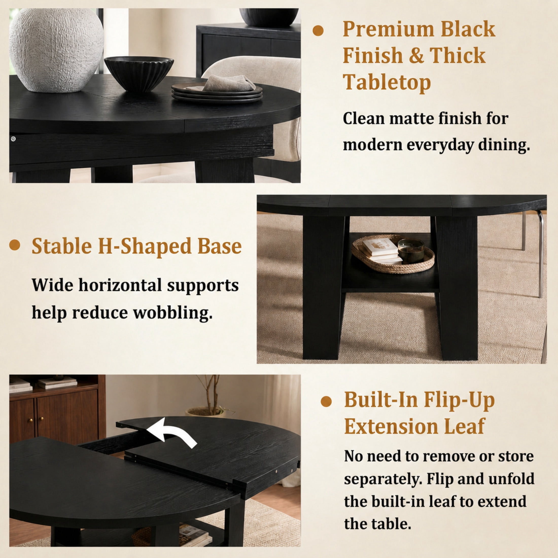 Noble House 43.3"-59.05" Extendable Round Dining Table, Oval Kitchen Table with Storage Shelf, Black
