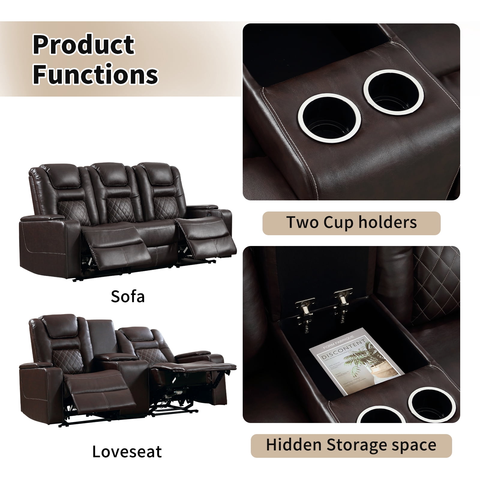 Bonzy Home Theater Recliner Chair Sofa, PU Leather 3 seat Power Recliner Sofa with Cup Holders, Hidden Arm Storage, USB Ports, Brown